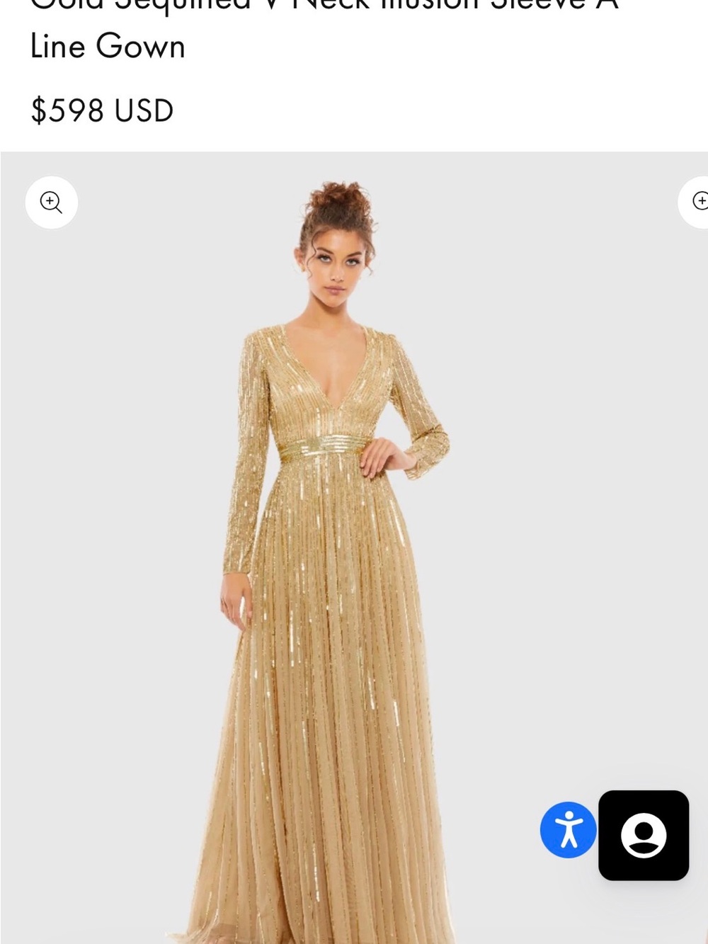Mac Duggal Gold Sequin V-Neck Long Sleeve A-Line Gown NWT